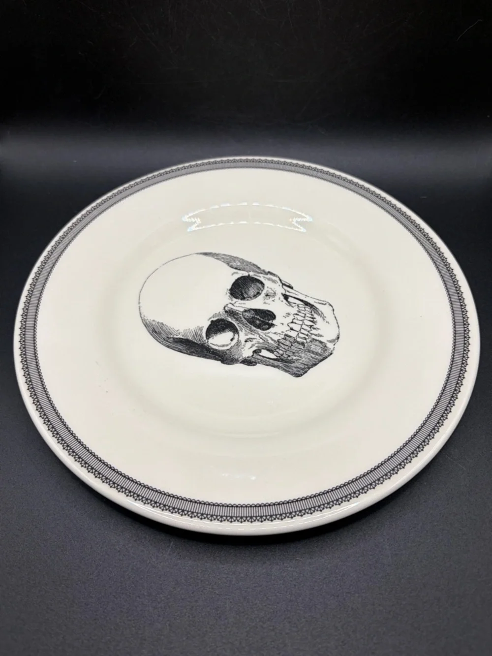 Pair Royal Stafford English Pottery Skull Plates, Skeleton Dishes Goth Tableware